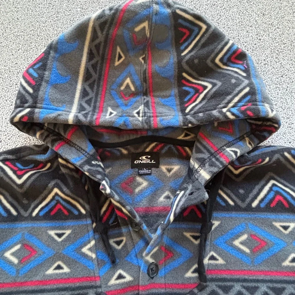 O'Neill Fleece Hoodie Aztec Tribal Men's L Patterned Pullover Pouch 3 Button